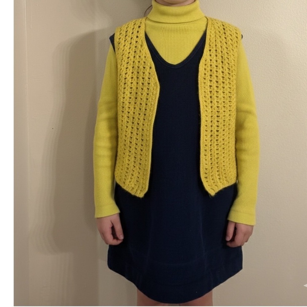 Vintage Bonnie Doon Girls 3pc‎ Set Yellow Turtleneck Bodysuit Navy Dress Vest M